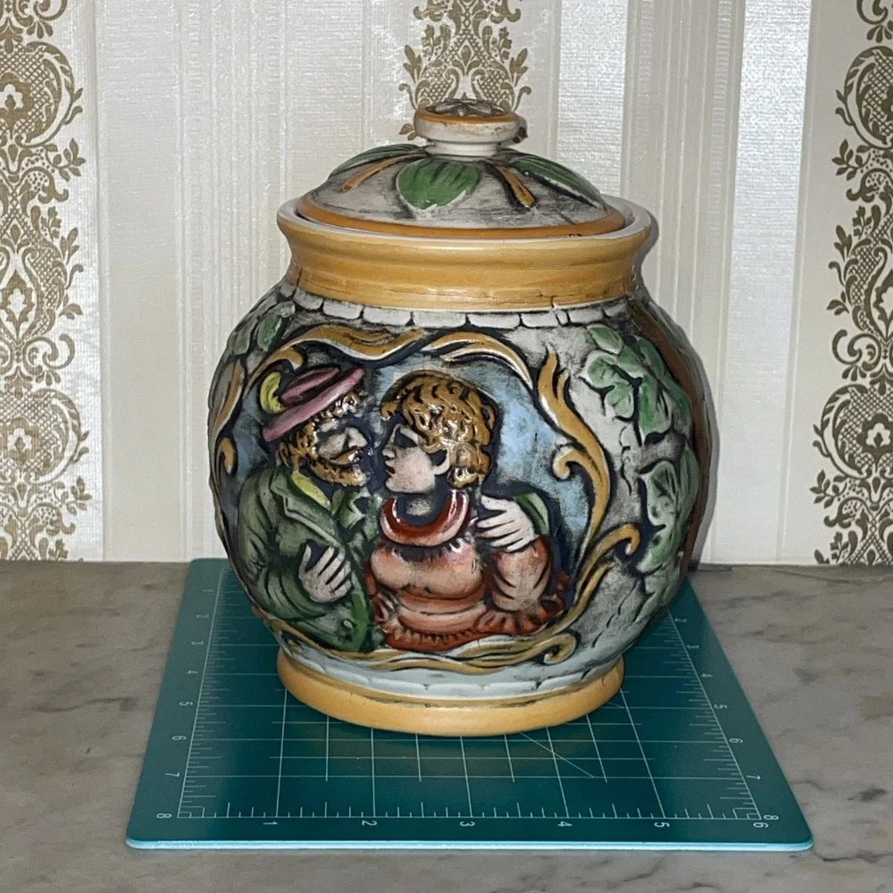 Vintage Ceramic Bavarian Biscuit or‎ Tobacco Jar | Hand Painted Lovers in Relief